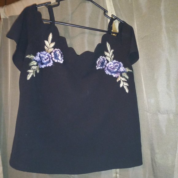Off the Shoulder, Spaghetti Strap Top with Purple Embroidery near Cap sleeves. - Picture 2 of 4
